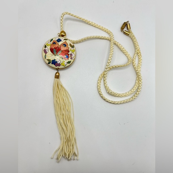 Rare Vintage Necklace Cloisonne Enamel Butterfly Pendant with Tassel - Picture 1 of 2